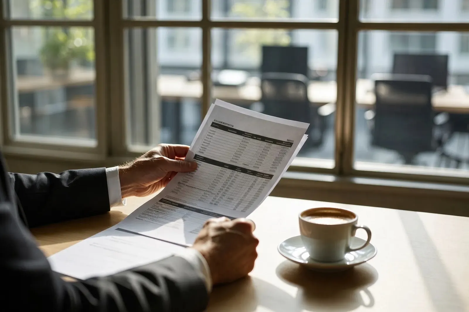 Reviewing a sales report over coffee in a boardroom