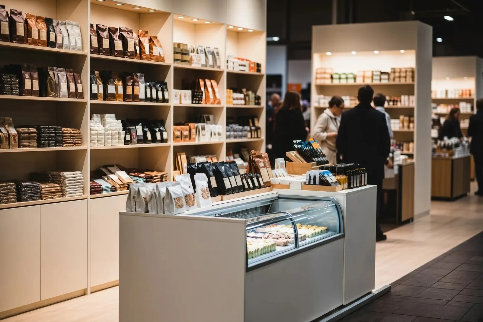 Premium European specialty products on the shelves of a fine-food store